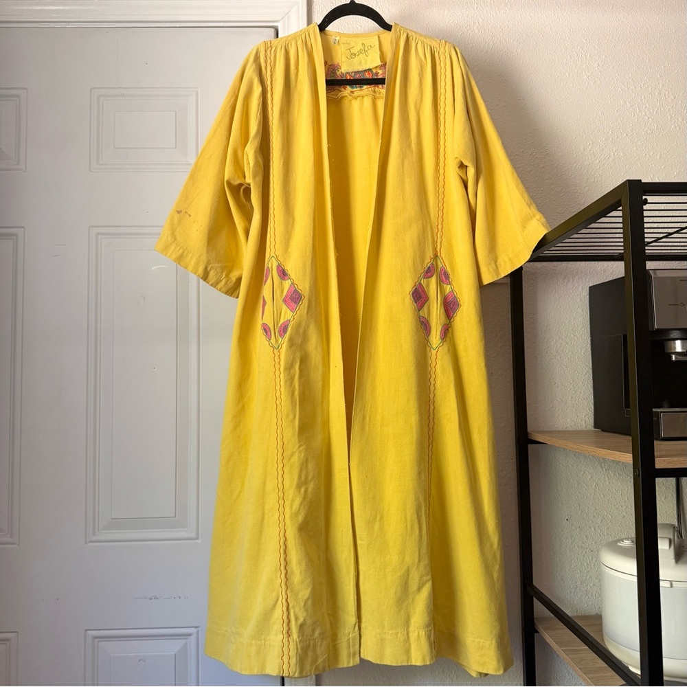 JOSEFA yellow vintage embroidered floral bird longline duster cardigan jacket